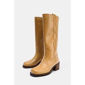 ZARA Leather Topstitch Tall Boots Campus Dark Tan NEW Size 38